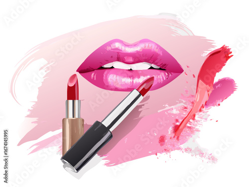 Vector realistic pink lipstick smear smudge, love background, cosmetic composition, make up design, lip gloss brush strokes, beautician background .vector icon