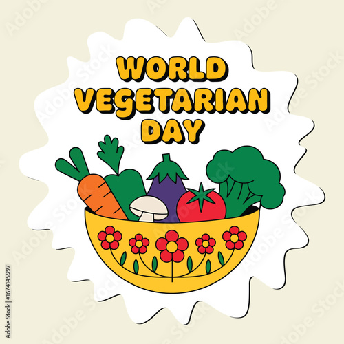 Vector art of bowl overflowing with fresh vegetables and fruits, decorated with flowers, celebrating world vegetarian day
