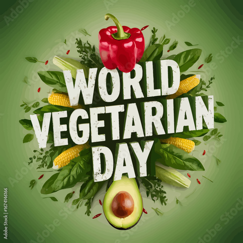 Vector art of world vegetarian day text with fresh vegetables and fruits like bell pepper, corn, avocado, and herbs on a green background
