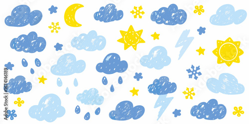 Collection of hand drawn weather icons including clouds sun moon stars rain snowflakes and lightning bolts