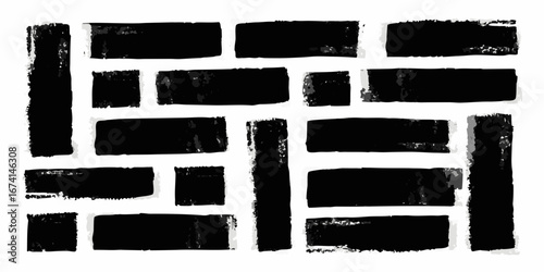 Collection of black brush stroke rectangles and squares with textured edges on a white background
