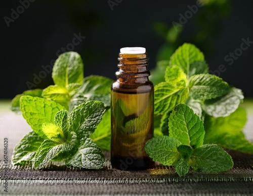 peppermint essential oil in glass bottle with mint
