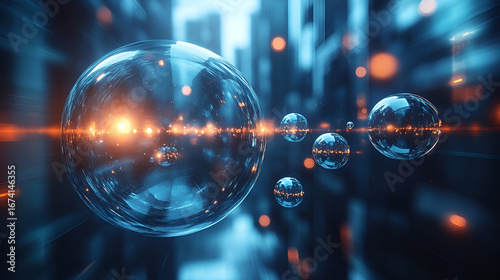 Abstract bubbles reflecting a futuristic city with glowing lights and reflections