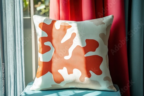 An abstract, patterned throw pillow rests on a teal-colored cushioned seating area, illuminated by natural light.