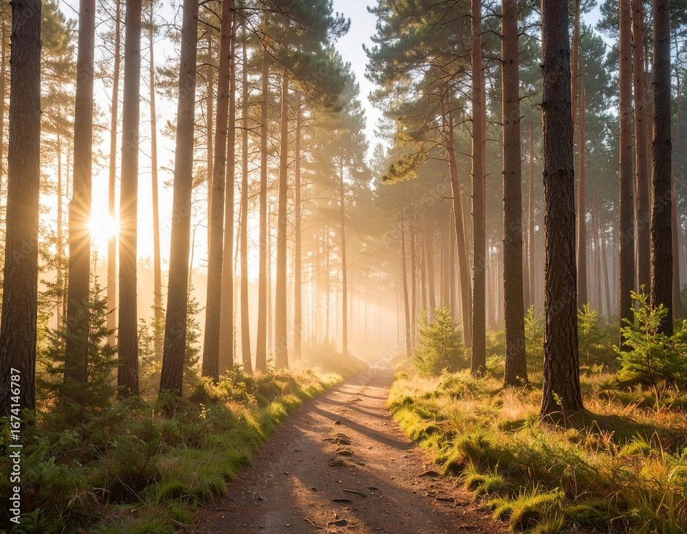 Fototapeta premium Sunlit Forest Path Morning Rays Through Tall Pine Trees Nature Serenity Scene