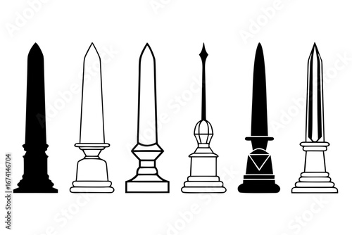Exploring various conceptual designs of ancient and modern obelisks, featuring diverse architectural forms suitable for monuments and memorial structures