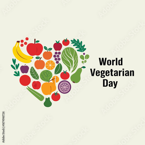 Vector art of world vegetarian day celebrated with a heart shape made of fresh fruits and vegetables, symbolizing love for a healthy, plantbased lifestyle