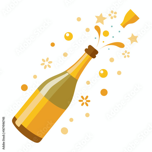Champagne bottle popping with stars and bubbles