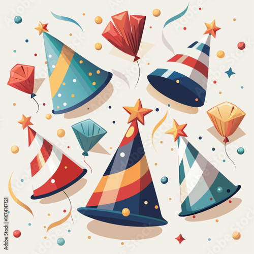 Festive birthday party hats and balloons scattered around