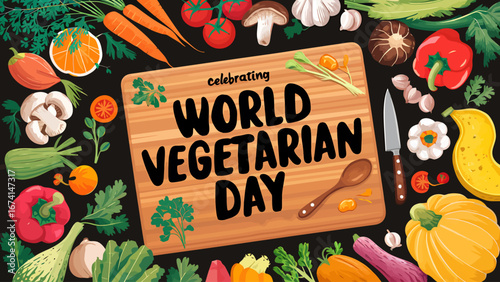 Vector art of a topdown view of a wooden cutting board with text celebrating world vegetarian day surrounded by a variety of fresh vegetables
