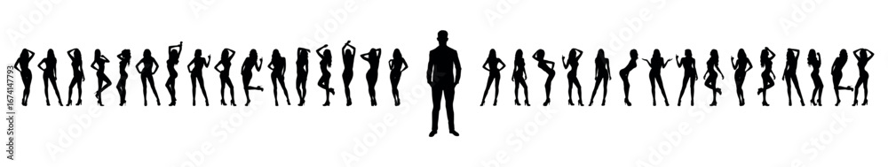 Fototapeta premium Man in suit standing out in front of group sexy female models in different poses standing in a row as background black silhouettes set.