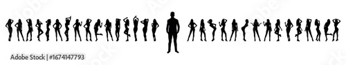 Man in suit standing out in front of group sexy female models in different poses standing in a row as background black silhouettes set.