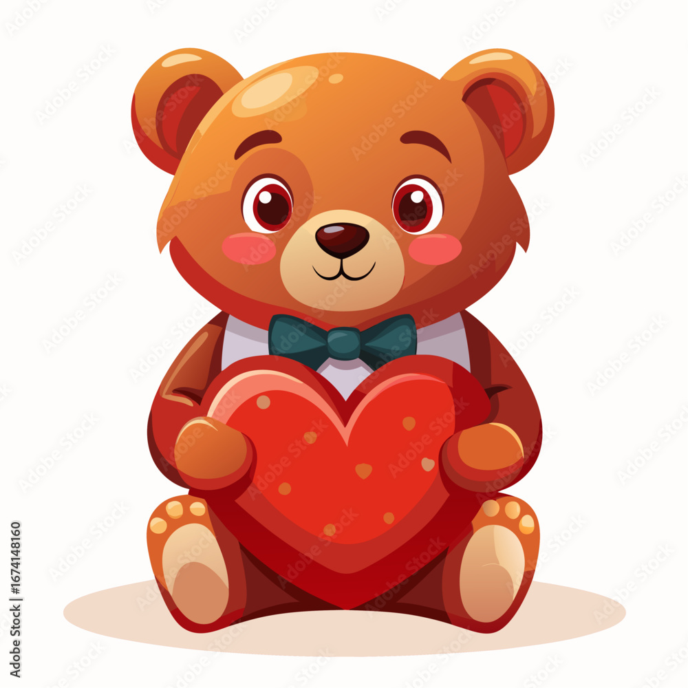 Obraz premium Adorable teddy bear holding a heart with a bow tie