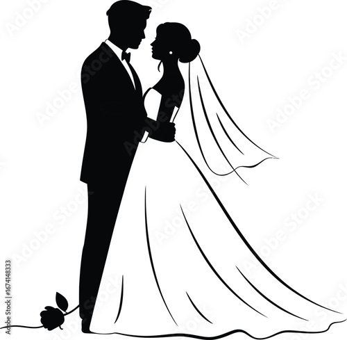 Silhouette bride and groom embrace with rose on white background wedding couple