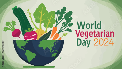 Vector art of world vegetarian day 2024 celebrated with a vibrant illustration of fresh vegetables overflowing from a globeshaped bowl, promoting healthy eating and global awareness