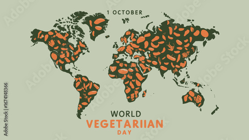 Vector art of world vegetarian day observed on october 1st, depicted by a world map composed entirely of colorful vegetables, symbolizing the global reach and importance of vegetarianism