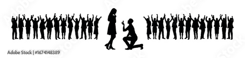 Man kneeling proposing woman in front of people silhouettes on white background.