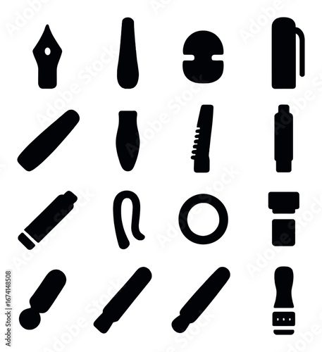 Silhouette writing tools icon set featuring fountain pen, pen, pencil, eraser, brush, and highlighter symbols