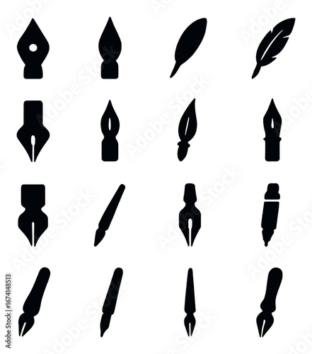 Silhouette writing tools icon set featuring pen nib, feather quill, and ink pen symbols