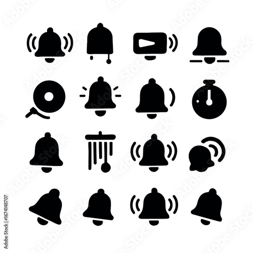 Silhouette alarm icon set featuring notifications, bell, chime, ring, and timer symbols