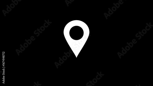 Fotografie Simple white location pin icon centered on a solid black background representing