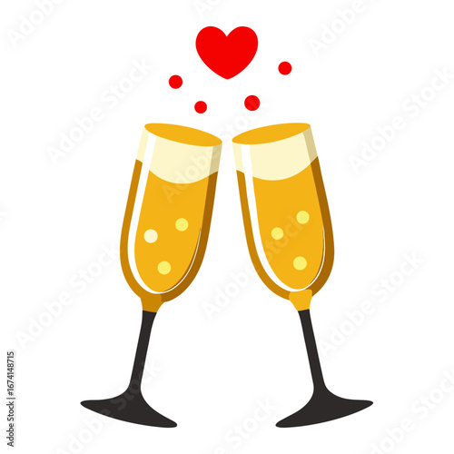 Champagne toast with red heart and bubbles