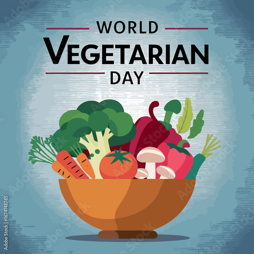Vector art of world vegetarian day concept featuring a vibrant bowl overflowing with fresh, colorful vegetables and healthy ingredients