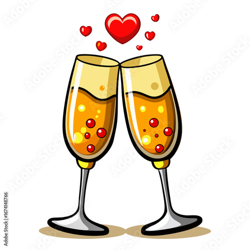 Two champagne glasses clinking with hearts above
