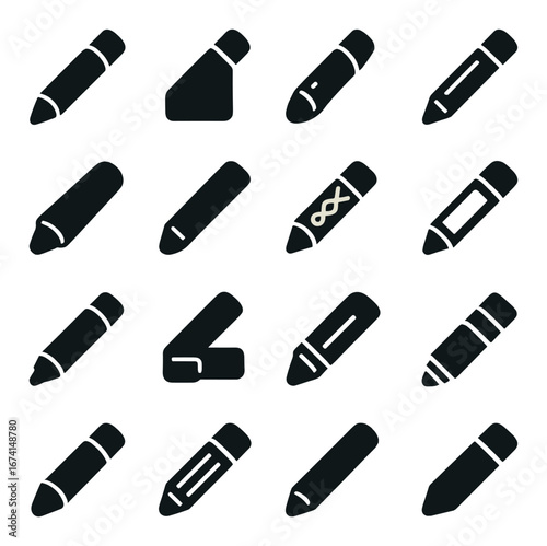 Silhouette pencil icon set featuring sharp, sketch, edit, outline, draw, draft, and graphite tools