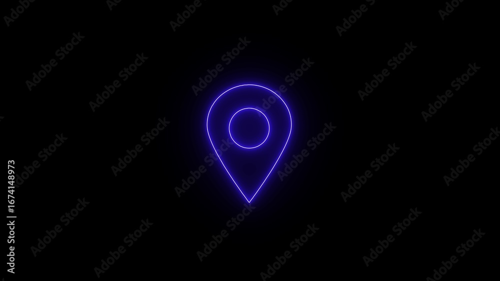 Fototapeta premium Glowing neon blue location pin icon on a dark black background representing navigation and search