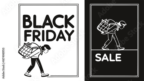Black friday sale with a shopper carrying a large basket