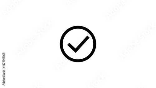 Simple black check mark inside a circle on a clean white background representing confirmation or completion