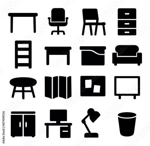 Silhouette furniture icon set featuring desk, chair, cabinet, sofa, table, and lamp symbols