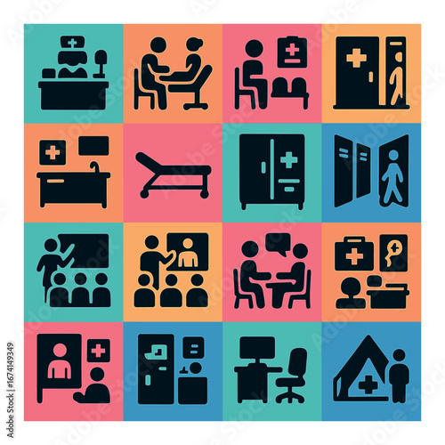 Flat medical icons set featuring patient, doctor, bed, consultation, and clinic symbols