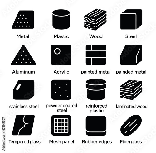 Silhouette material icon set featuring metal, plastic, wood, steel, acrylic, and more