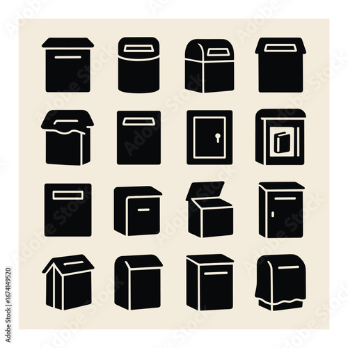 Silhouette mailbox icon set featuring parcel, package, delivery, postbox, and letterbox symbols