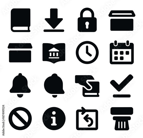 Silhouette office icon set featuring book, download, lock, box, calendar, bell, information, and shredder symbols
