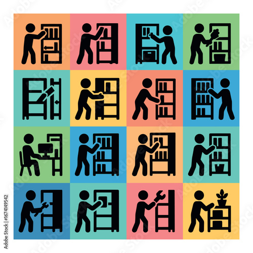 Silhouette library icon set featuring bookshelf, reading, organizing, repairing, and storing symbols