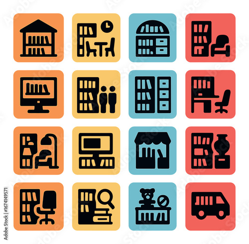 Silhouette library icon set featuring desk, computer, bookshelves, and bus symbols