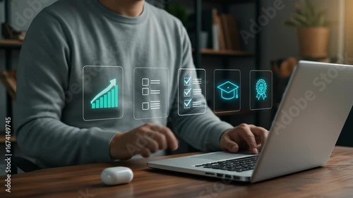 Online Education: Adult explores interactive virtual achievements on a laptop, tracking progress with graphs, certificates, and checklist badges.