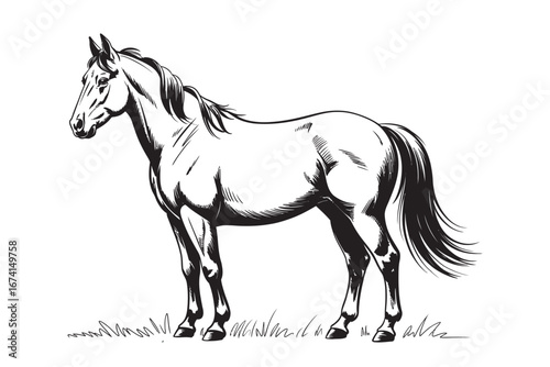 Classic black and white line art illustration of a graceful standing horse in profile. Hand-drawn equine vector sketch isolated. 