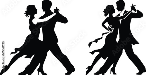Silhouette couples dancing ballroom tango and waltz on white background vector illustration
