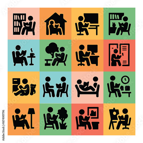 Silhouette lifestyle icons set featuring reading, relaxing, working, and leisure activities