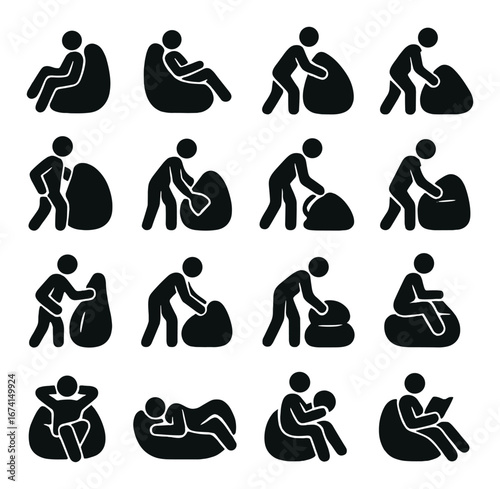 Silhouette bean bag icon set featuring sitting, lifting, resting, reading, and relaxing symbols