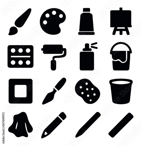 Silhouette art tools icon set featuring paintbrush, palette, paint tube, easel, and spray can