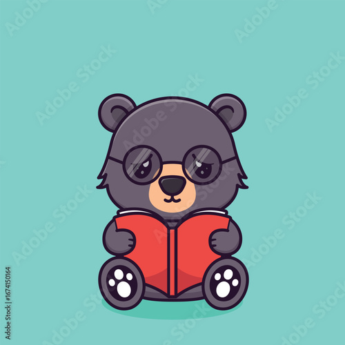 Cute Sun Bear Wearing Glasses and Reading a Book Adorable Cartoon Mascot Character Studying and Learning on a Pastel Background
