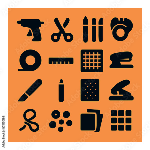 Silhouette stationery icon set featuring glue gun, scissors, pencils, tape, ruler, and hole punch symbols