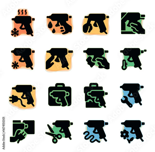 Silhouette diy tool icon set featuring glue gun, heat gun, and tool kit symbols