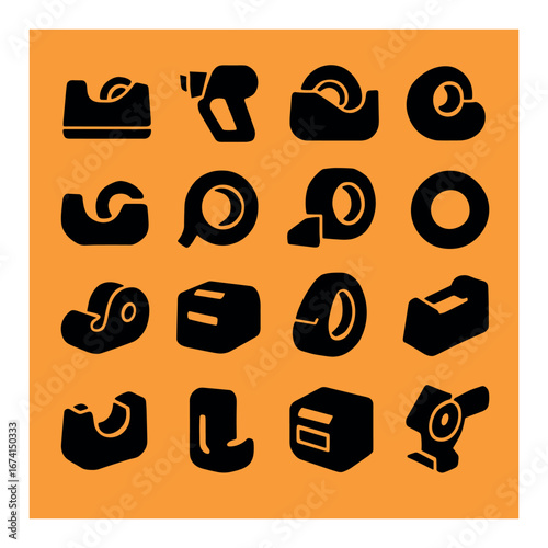 Silhouette office supplies icon set featuring tape dispenser, cutter, box, and adhesive symbols