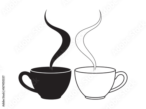 Vector illustration of two contrasting cups, one black and one white, with elegant steam rising, symbolizing balance, connection, and the simple pleasure of hot drinks